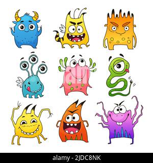 Ensemble vectoriel de monstres de dessin animé mignons. Personnages drôles dans un style doodle. Illustration de Vecteur