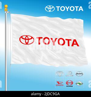 Japon, année 2022, drapeau du groupe Toyota avec marques de voitures, illustration Banque D'Images