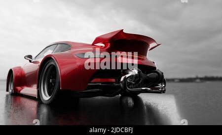 Voiture de sport avec échappement extrême par l'arrière - rendu 3D Banque D'Images