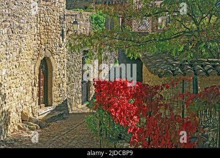 France, Gard, la Roque-sur-Cèze, marquée "les plus beaux villages de France", une allée pittoresque, maisons en pierre blanche, végétation automne, Banque D'Images