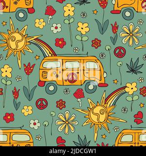 Motif vectoriel transparent avec hippopotame sur fond vert. Papier peint rétro à motif fleuri de l'été. Tissu de mode style paix et vie décoratif. Illustration de Vecteur