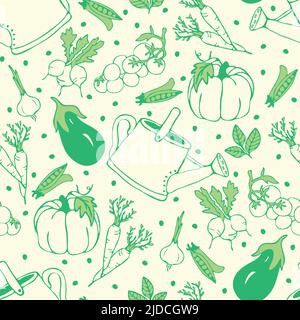 Motif vectoriel sans couture avec légumes dessinés à la main sur fond vert. Papier peint de jardin d'été simple. Textile de mode décoratif de style de vie. Illustration de Vecteur