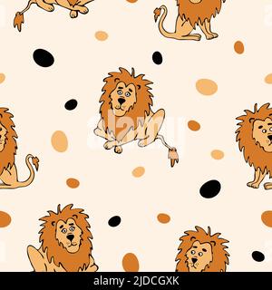 Motif vectoriel sans couture avec lions sur fond jaune clair. Papier peint à motif animal de dessin animé simple pour les enfants. Amusant zoo mode textile. Illustration de Vecteur