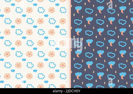 Motifs sans couture pour bébés, lot de 2. Motif de doodle dessiné à la main soleil, lune, étoile, nuage. Toile de fond de la grille géométrique. Palette de couleurs pastel tendre pour bébé Illustration de Vecteur