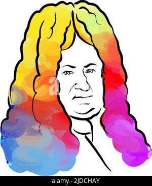 Gottfried Wilhelm Leibniz dessin vectoriel de cheveux coloré. Esquisse de contour dessinée à la main. Dessin pour une utilisation sur tout projet marketing et pour la revente en tant qu'impression. Illustration de Vecteur