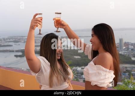 Deux amis hispaniques toasting avec leurs verres de vin en plein air Banque D'Images
