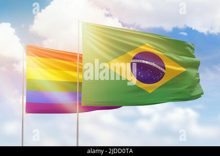 Ciel bleu ensoleillé et drapeaux des lgbt et du brésil Banque D'Images