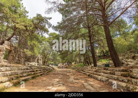 Ruines de Phaselis une ancienne ville s'étendait sur une péninsule entourée de trois petites baies parfaites près de Kemer en Turquie. Banque D'Images