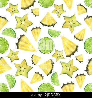 Fruits tropicaux, juteux lumineux dans un motif sans couture. Ananas aquarelle, carambola et citron vert. Pour tissus, textiles, imprimés, couvertures, menus, scrapboo Banque D'Images
