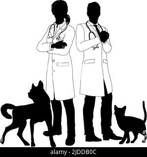 Homme et femme vétérinaires chien et chat animaux Silhouette Illustration de Vecteur