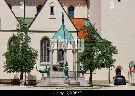 Fontaine Saint-Mang, créée en 1905 par le sculpteur Georg Wrba, sur la cour de l'église de l'église homonyme dans la vieille ville historique de Kempten, en Allemagne. Banque D'Images