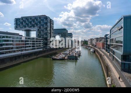 Port du Rhin à cologne avec grues de nuit. Rheinauhafen Banque D'Images