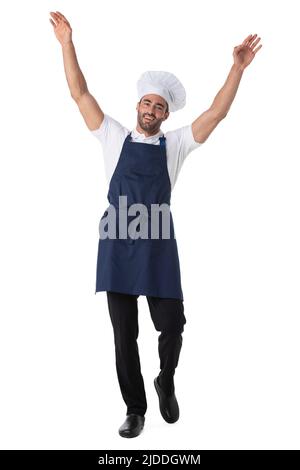 Portrait de jeune cuisinier heureux en uniforme isolé sur fond blanc avec les bras levés Banque D'Images