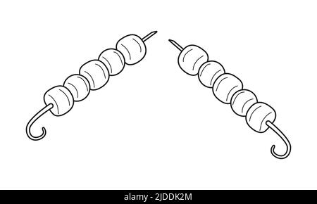 Barbecue sur brochettes. Viande grillée sur des charbons. Nourriture préparée au camping, randonnée, voyage, pique-nique. Un plat de cuisine caucasienne. Contour noir Illustration de Vecteur