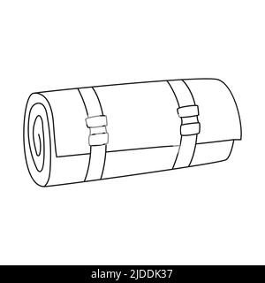 Doodle Un tapis touristique attaché avec des sangles. Équipement pour la pêche, le tourisme, les voyages, le camping, la randonnée. Illustration vectorielle noire et blanche isolée o Illustration de Vecteur