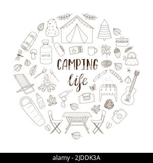 Doodle ensemble d'équipement de randonnée pour le voyage, le pique-nique, le camping, le tourisme. Composition ronde comme un imprimé sur les vêtements, cartes postales, web design. Vecteur de contour il Illustration de Vecteur