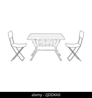 Doodle Camping table et chaises pliantes. Mobilier touristique pour pique-niques, loisirs en plein air, repos dans la nature. Contour du vecteur noir et blanc tracé à la main Illustration de Vecteur