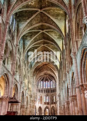 L'intérieur de la cathédrale de Chalons-en-Champagne brille de couleur de la lumière de la fin de l'après-midi à l'automne. Banque D'Images