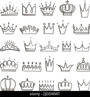 Symboles Royal Doodle. Sketch de couronnes, couronne diadema tiara pour roi, reine prince ou princesse. Logo commercial de luxe isolé, vecteur néotérique de bébé Illustration de Vecteur