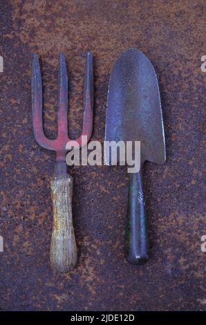 Truelle de jardin et fourche à main bien utilisées reposant sur une tôle rouillée Banque D'Images