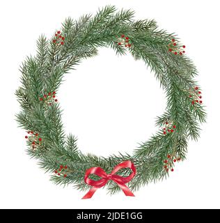 Couronne de Noël de branches de sapin, avec un noeud rouge, illustration aquarelle Banque D'Images