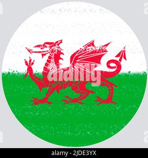 Illustration avec effet de coup de pinceau du drapeau du pays de Galles en forme circulaire. L'arrière-plan est gris clair. Banque D'Images