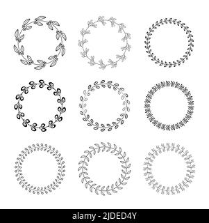 Jeu de vecteur de bordure ronde de lauriers. Ensemble de feuilles de Laurier circulaire linéaire différentes. Branches d'Armorial. y. Illustration de Vecteur