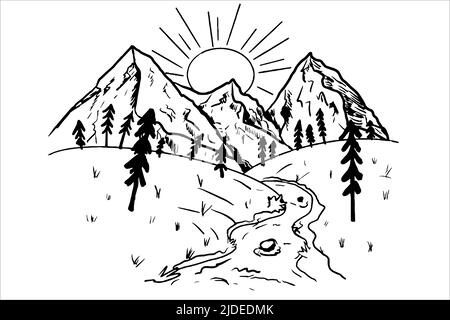 Art ligne tracé à la main contour paysage de montagne paysage isolé sur fond blanc. Illustration artistique, élégant en noir, couleur encre. . Illustration vectorielle Illustration de Vecteur