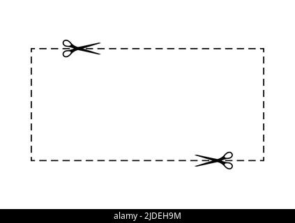 Coupon à lignes pointillées en ciseaux avec icône en forme de tiret. Illustration de Vecteur