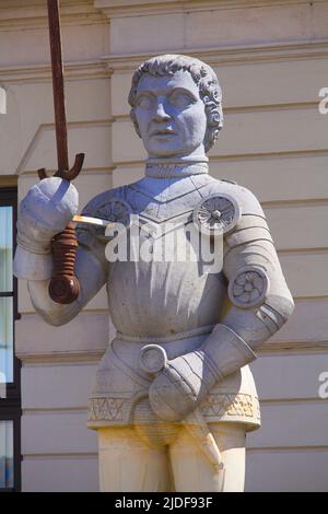 Allemagne, Saxe - Anhalt, Magdebourg, statue de Roland, Banque D'Images