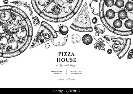 Illustration représentant une pizza dessinée à la main. Arrière-plan avec esquisse grecque, margherita, pepperoni, veggie, jambon et champignons et pizzas de fruits de mer. Illustration de Vecteur