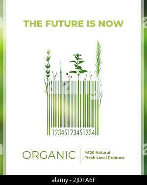 Code-barres et herbes biologiques avec fond blanc. Label écologique des produits frais de la ferme bio. Produits frais locaux. Pensez vert. Protection de l'environnement, éco Banque D'Images