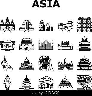 Les icônes du bâtiment asiatique et du paysage terrestre définissent le vecteur Illustration de Vecteur