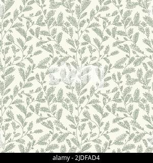 Motif feuille et branche de couleur vert de sauge vectorisé sans couture sur fond beige. Papier peint floral botanique dessiné à la main. Illustration de Vecteur