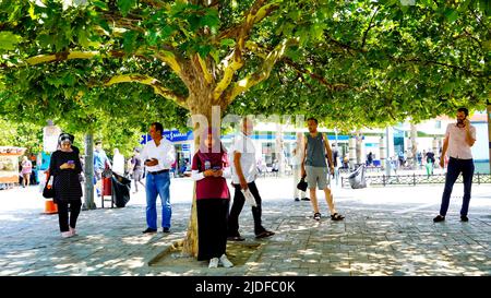 Izmir, Turquie, 20 juin 2022, une étudiante éthiopienne qui a émigré en Turquie pour avoir étudié se penche sur l'arbre dans la rue Konak; le centre d'Izmir le 20 juin Journée mondiale des réfugiés. Banque D'Images