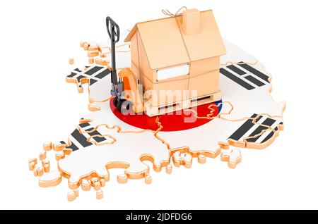 Service de déménagement résidentiel en Corée du Sud, concept. Transpalette manuel hydraulique avec colis de maison en carton sur la carte sud-coréenne, 3D rendu isolé Banque D'Images