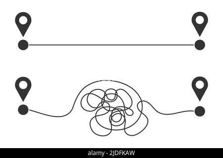 Chemins droits et courbés du début à la fin de la carte épingles signes. Simple et dur, idéal et plan réel, livraison rapide et lente concept isolé sur fond blanc. Illustration graphique vectorielle simple Illustration de Vecteur