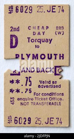 Billet de train 1970s British Rail de Torquay à Plymouth Banque D'Images