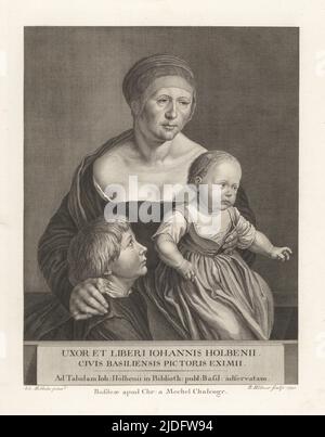 Portrait de la famille du peintre allemand de la Renaissance Hans Holbein, vers 1528. Femme Elspeth et leurs enfants Philipp et Katharina. Elle porte ses cheveux sous un capuchon serré avec voile, et un manteau sur une robe avec bodyce à coupe basse. Inscription: Uxor et Liberi Johannes Holbenii, Civis Basiliensis Pictoris Eximii. Gravure de plaques de coperplate par Bartholomaus Hubner d'après Hans Holbein de l'oeuvre de Jean Holbein de Christian von Mechel, chez Guillaume Haas, Bâle, 1790. Banque D'Images