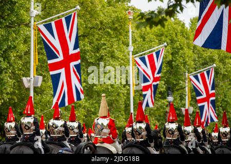 Cavalerie de la maison aux répétitions de Trooping The Color, The Mall, Londres Angleterre, United KingdomSaturday, 21 mai, 2022. Banque D'Images