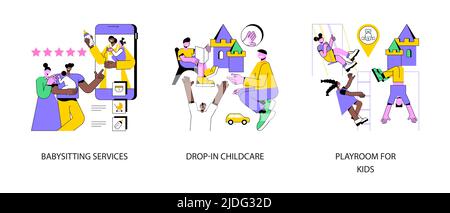 Kit d'illustrations vectorielles abstraites pour les services de garde d'enfants. Services de garde d'enfants, garde d'enfants, salle de jeux pour enfants, aire de jeux intérieure, jardin d'enfants à temps partiel, métaphore abstraite de l'application nanny. Illustration de Vecteur