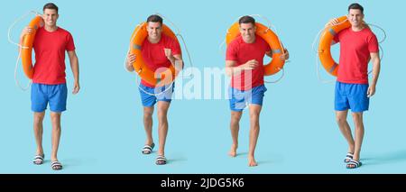 Ensemble de sauveteurs de plage pour hommes sur fond bleu clair Banque D'Images