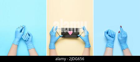 Ensemble de mains de femme dans des gants médicaux, avec clous peints, anneaux dorés et masque facial sur fond de couleur, vue de dessus Banque D'Images