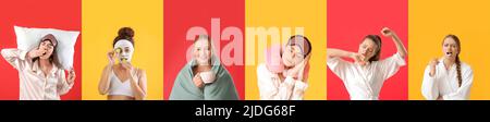 Ensemble de belles femmes en pyjama et peignoirs, avec masques de sommeil, oreillers, tasse de café, couverture une brosse à dents sur fond de couleur Banque D'Images