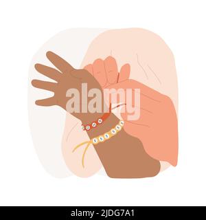 Bracelets d'urgence illustration vectorielle de dessin animé isolée. Étiquettes d'identification d'urgence, enfants avec bracelet, badge avec nom et numéro de téléphone, bande dessinée vecteur de mesure de sécurité sur le terrain. Illustration de Vecteur