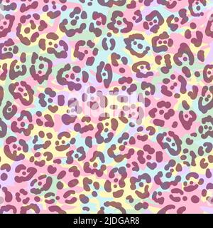 Motif sans coutures léopard fluo avec fond camouflage. Arrière-plan à pois de couleur arc-en-ciel. Imprimé animal vectoriel. Illustration de Vecteur