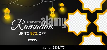 Offre spéciale Ramadan Vente modèle de bannière de lanterne décorative islamique.Convient pour la publication sur les réseaux sociaux et l'en-tête Web. Illustration vectorielle Illustration de Vecteur