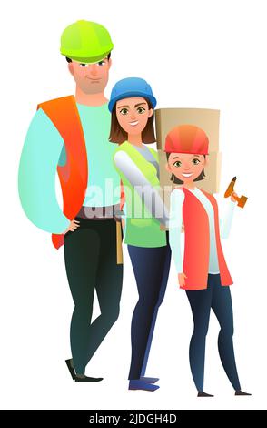 Homme, femme et fille constructeur dans la veste et le casque de protection. Personne joyeuse. Posture debout. Motif bande dessinée plate. Simple Illustration de Vecteur