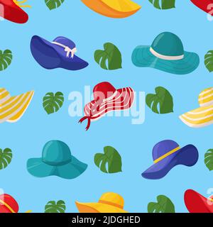 Bbeautiful chapeaux d'été pour femmes sans coutures motif. Coiffures été élégantes pour femme. Un accessoire de mode pour des vacances en mer dans les pays chauds. Vue plate Illustration de Vecteur