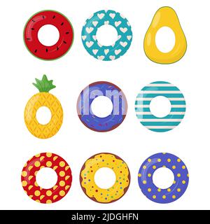Collection d'anneaux de natation en caoutchouc avec gâteau, avocat, ananas, pastèque et autres ornements qui y sont peints. Bouée de sauvetage flottante pour être Illustration de Vecteur